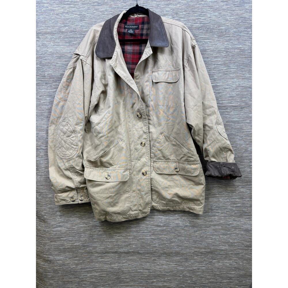 Old School Jacket Mens 2XL Beige Canvas Leather Collar Plaid Lined Field Outdoor